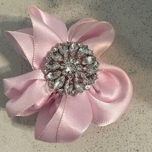 mine Pink Satin Flower lapel pin with Crystal Center